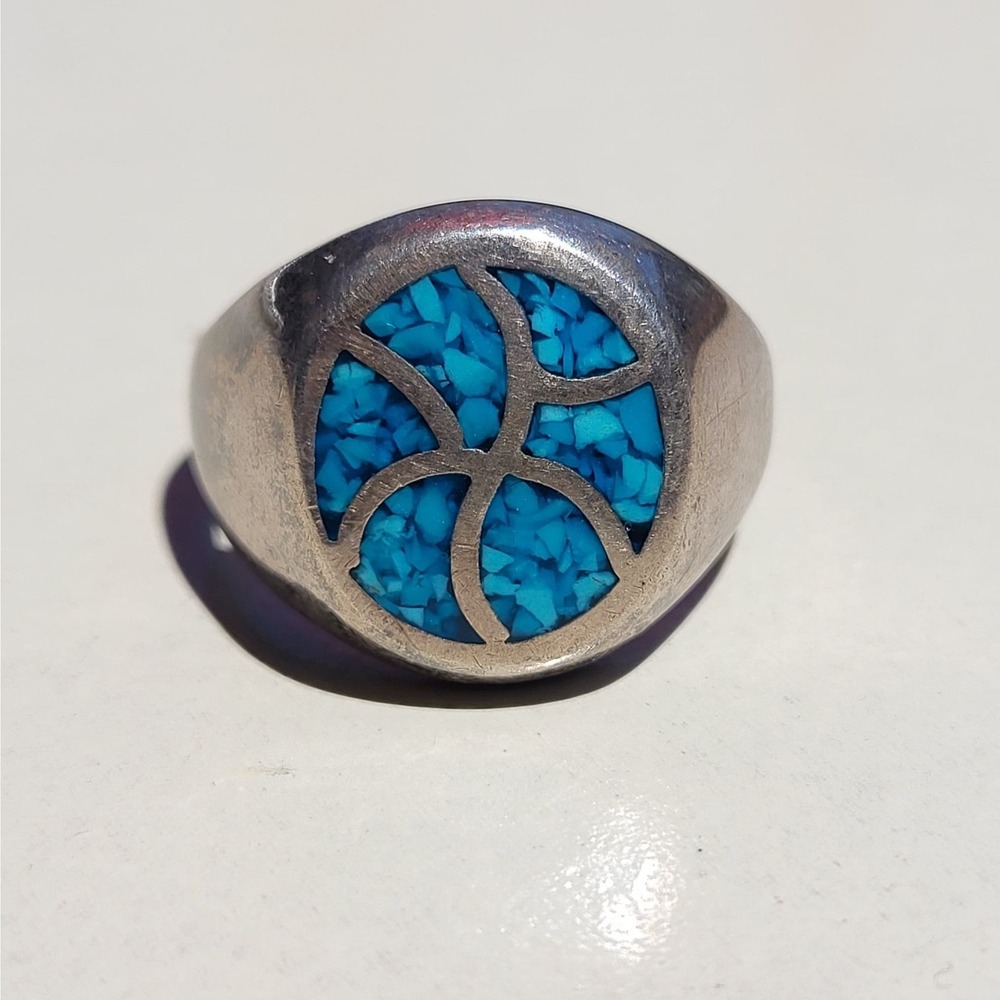 925 Sterling Silver Vintage Turquoise Inlay Signet Ring Size 11 Silver Round 14g